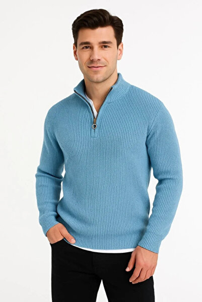 BLACK MODBLACK Men's Half-Zip Knitwear Sweater – Selani̇k Knitting, Stand-Up Collar, Cotton Woven, Regular Fit Long