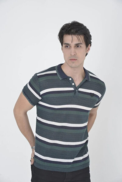 fourblack Men's Collared Slim Fit Woven Striped T-Shirt - Khaki
