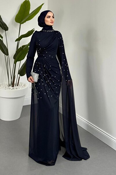 MERVEN AKYÜZ Clair Zımba Taşlı Tül Abiye Lacivert