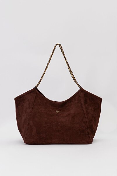 Levidor Extra Large Size Knitted Chain Strap Shopper Design Soft Suede Women's Shoulder Bag Bitter Brown
