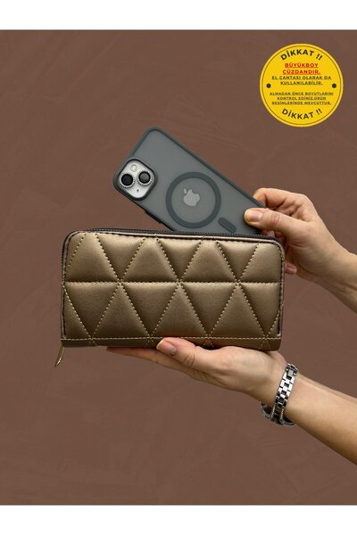 shiny ever Large Size Women's Double Zipper Wallet with Phone Compartment, Copper-Colored Leather Wallet Handbag with Gold Detail