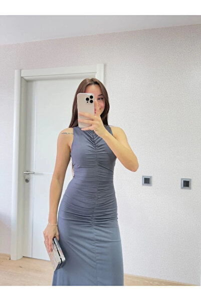 BLACK MODBLACK Bürümcük Fabric Lining Inside, Sleeveless, Ruched, Long Dress - Smoked