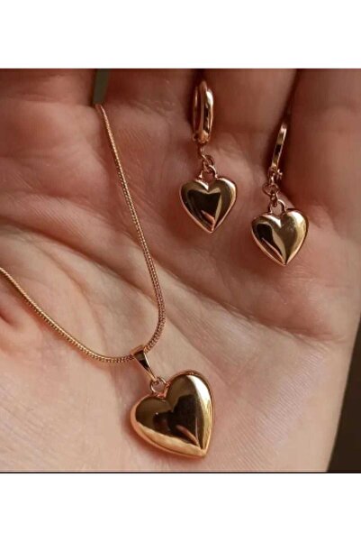 takıbahçesi Gold Plated Heart Necklace and Earrings Set Gift for Lover Gift f...