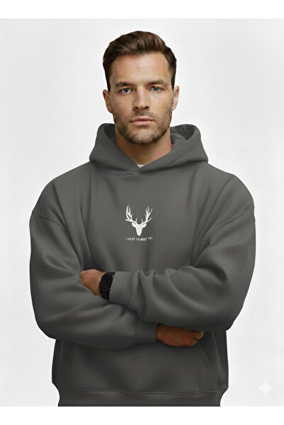 ALİ.COM Three Thread Hooded Inside Cotton Lucky to Meet You B Printed O Oversized Sweatshirt