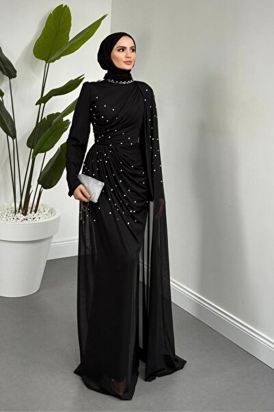 MERVEN AKYÜZ Clair Zımba Taşlı Tül Abiye Siyah
