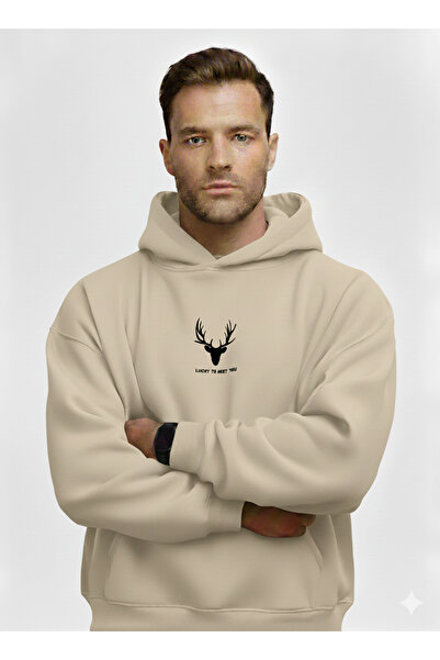 ALİ.COM Three Thread Hooded Inside Cotton Lucky to Meet You B Printed O Oversized Sweatshirt