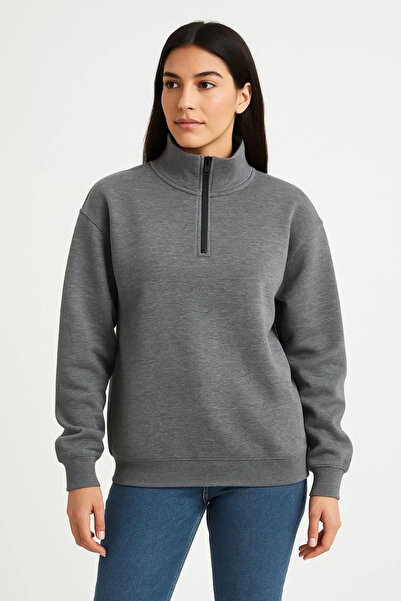 BLACK MODBLACK Women's Three Thread Di Mock Neck Zippered Sweatshirt - Anthra...