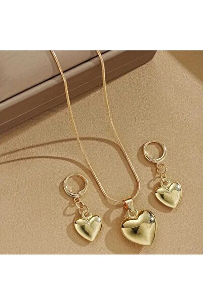 Generic Brand Gold Plated Heart Necklace and Earrings Set Gift for Lover Gift for Mother