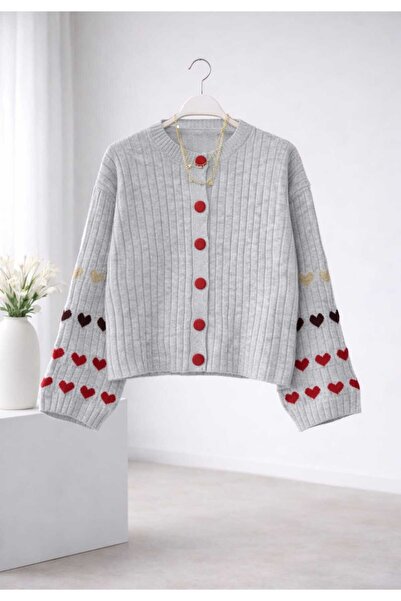 MODA VEDAT Women's Sleeve Heart Detailed Knitwear Cardigan -0280 (Cardigan with Wide Sleeves)