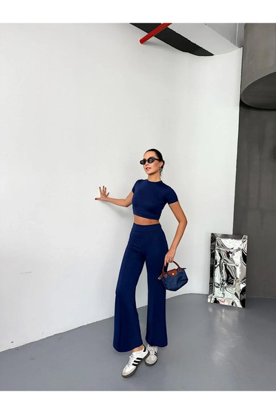 BLACK MODBLACK Osy Modal Soft Textured Fabric Short Sleeve Crop Bottom Flared Pantalon Double Set - Laci̇