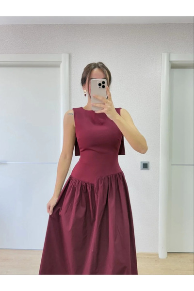 BLACK MODBLACK Crepe Back Wing Detail Front Pleated Long Women's Dress - Burg...