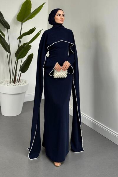 MERVEN AKYÜZ Serein Pelerinli İncili Abiye Lacivert
