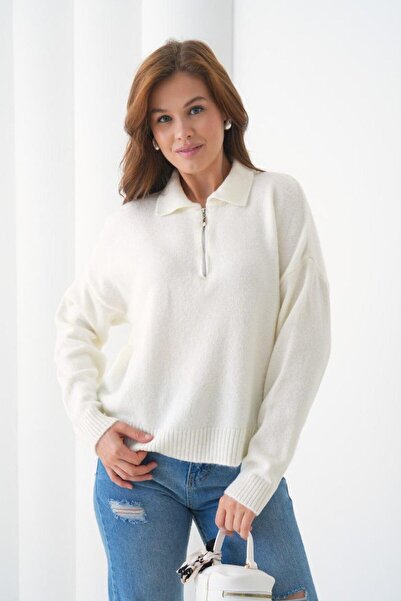 Ambessa Style Soft Textured Bone Color Zipper Collar Sweater