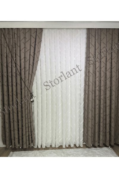 Storlant Puffy Linear Textured Brown Background Curtain L Frequent Pleats L Preferred L with Accessory Gift