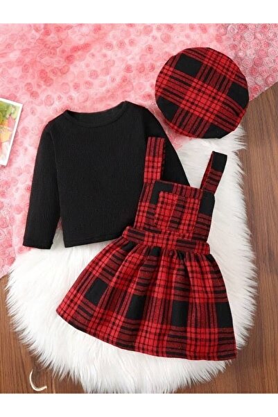 shop Salopetă în carouri și bluză neagră pentru fete, set de 3 piese