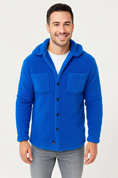 BLACK MODBLACK Men's Plush Fleece Cardigan Shirt – with Collar, Buttoned, wit...
