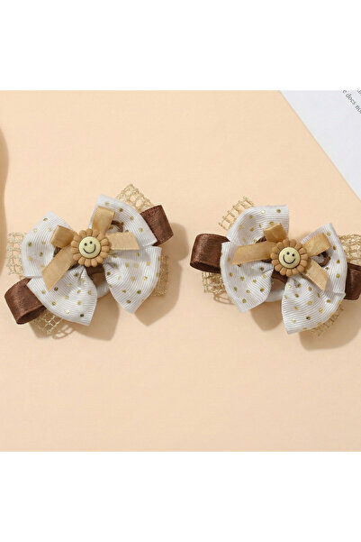 ESİLA KİDS Girl's Hair Clip Set of 2 White Gold Polka Dot Bow Smiley Face Flower