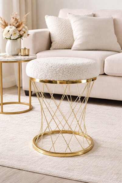 prototipX Pota Beyaz Döşemeli Puf Tabure | Beyaz Kumaş | Modern & Minimal Tas...