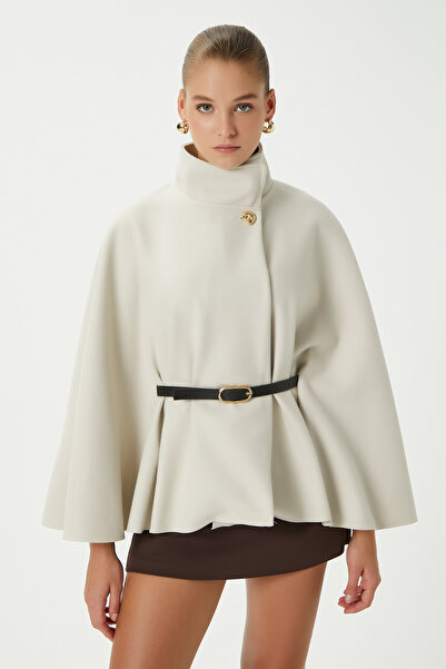 Ritnice Kadın Kayla Gold Düğmeli Kemerli Krem Kaşe Panço