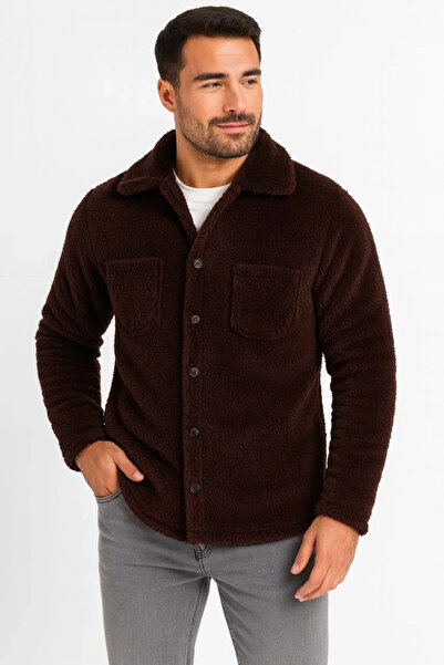 BLACK MODBLACK Men's Plush Fleece Cardigan Shirt – with Collar, Buttoned, wit...