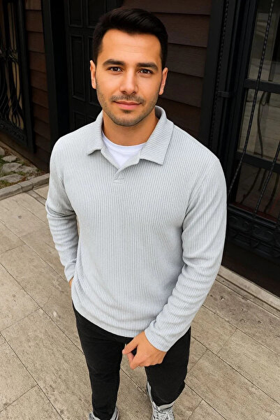 BLACK MODBLACK Men's Ribbed Fleece Sweatshirt – Buttonless Polo Neck, Oversize Relaxed Fit, Thick Fleece Sand