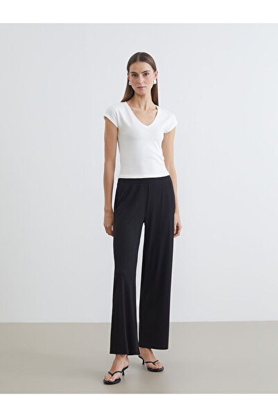 LC Waikiki Black Textured Women's Trousers with Elastic Waist