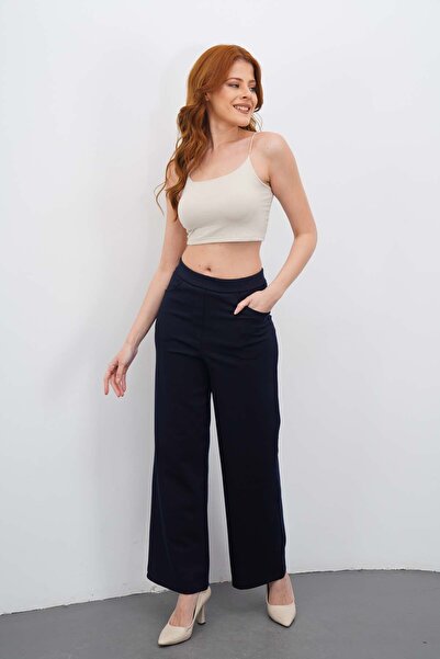 DI LORIA Γυναικείο παντελόνι Palazzo σε μπλε ναυτικό χρώμα με ψηλή μέση και φ...