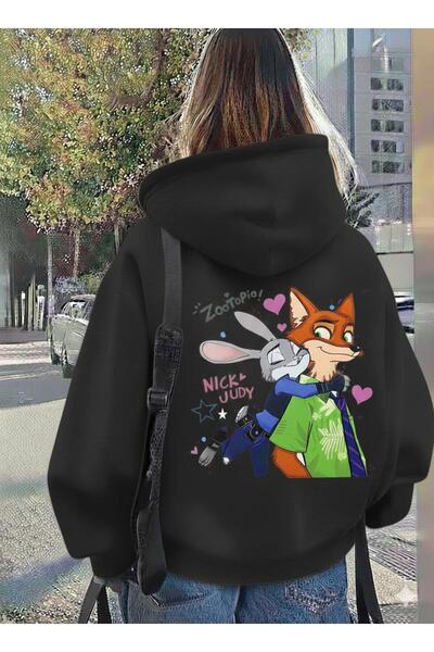 CLASSY.MODA Unisex Oversized Zootopia Nick & Judy Printed Hooded Sweatshirt