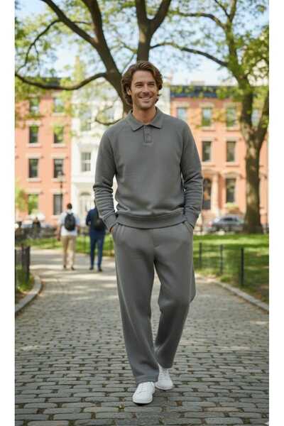 LiyAdaCo Men's Polo Neck Buttoned Smoke Gray Baggy Tracksuit Set - Bottom Top 3 Thread Premium Set