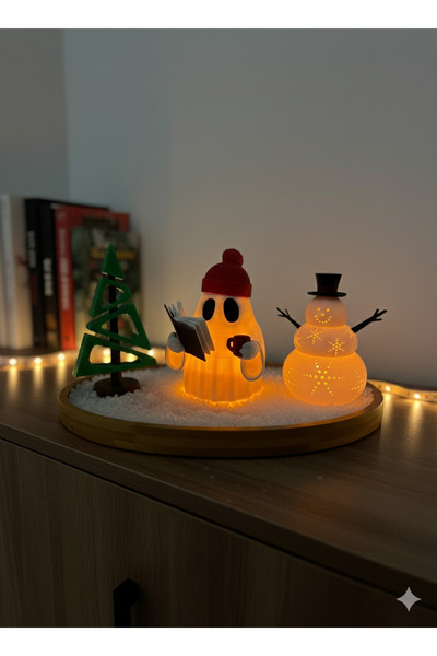 3d soft light Kış Gecesi Lambası Seti - Bereli Kitap Okuyan Hayalet, Kardan A...