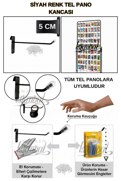 Manken İstanbul 20 Adet 5 Cm Delüx Koruma Kauçuklu Siyah Tel Pano Kancası - E...