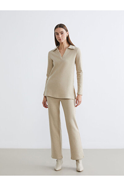 LC Waikiki Beige Elastic Waist Corded Fabric Women's Trousers
