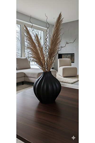 Velorahomee Mat Siyah Oluklu Tasarım Vazo - Salon ve Ofis Dekorasyonu İçin Es...