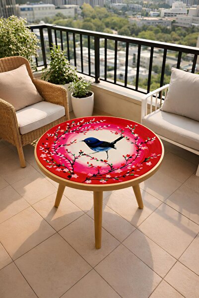 Boyut Özel Tasarım Yuvarlak Sehpa – El Yapımı Kuş Figürlü, Doğal Ahşap Ayaklı