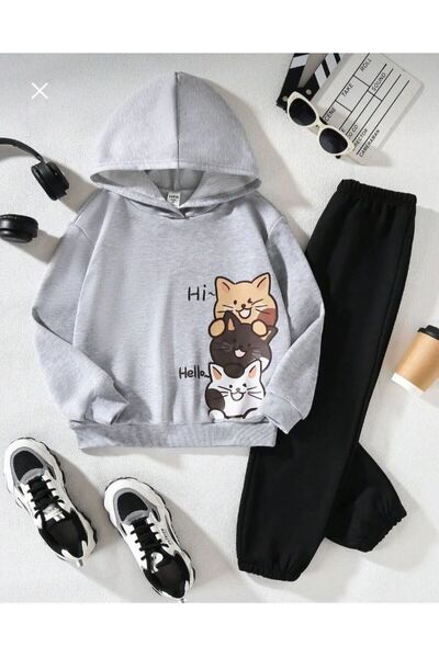 Kids طقم Cat مطبوع 2 iplik Alt Upper