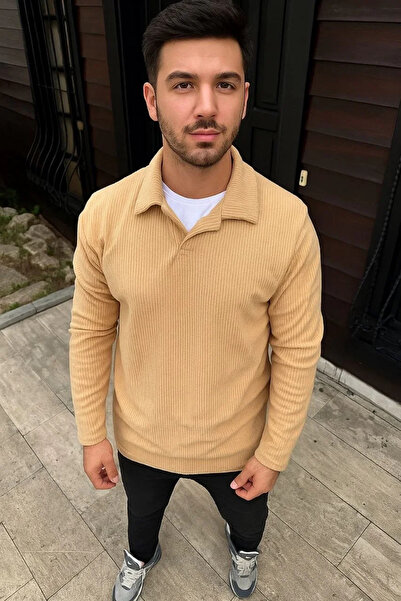 BLACK MODBLACK Men's Ribbed Fleece Sweatshirt – Buttonless Polo Neck, Oversize Relaxed Fit, Thick Fleece Sand