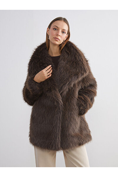 LC Waikiki Brown Jacket Collar Oversized Women Faux Fur Coat