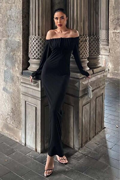 Lijuri Long black dress with Ruched Detail collar 2943 r4-g-k4