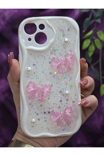 Magic Ring iPhone 13 / 14 Compatible Pink Bow & Pearl Detailed Glittery Epoxy Phone Case