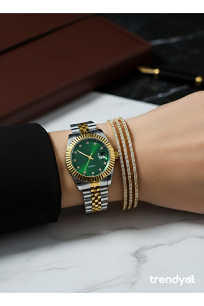 Goldwatches Women's Watch Steel Gold Silver 34mm Pearlescent White and Green Dial Calendar Jubilee Band Date Just