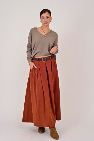 Marjinal Kadın Kemer Detaylı Kadife Palazzo Pantolon