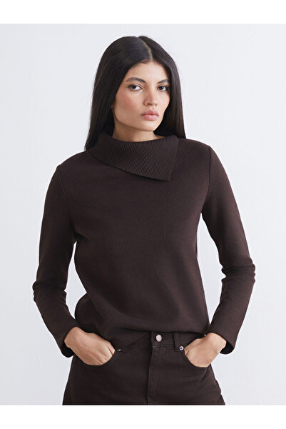 LC Waikiki Brown Asymmetrical Mock Neck Women's Knitwear Sweater