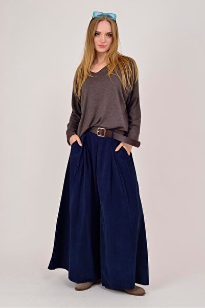 Marjinal Kadın Kemer Detaylı Kadife Palazzo Pantolon