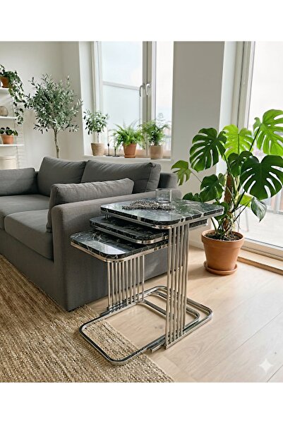 Riyes Tasarım Piyano Üçlü Zigon Krom 3 lü Hayglass Mdf Modern Sehpa - Şık & f...