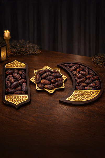 MUSK STORE Set of 3 Wooden Plates – Bpa Free, Brown, Geometric Design