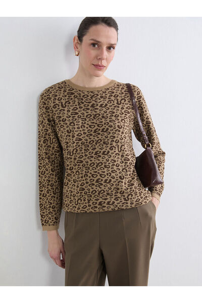 LC Waikiki Brown Crew Neck Leopard Patterned Women's Knitwear Sweater
