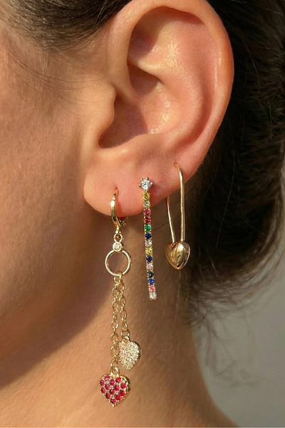 PRVT YSX 14K Altın Kaplama Renkli Zirkon Taşlı Kalp Figürlü Çoklu Küpe Seti