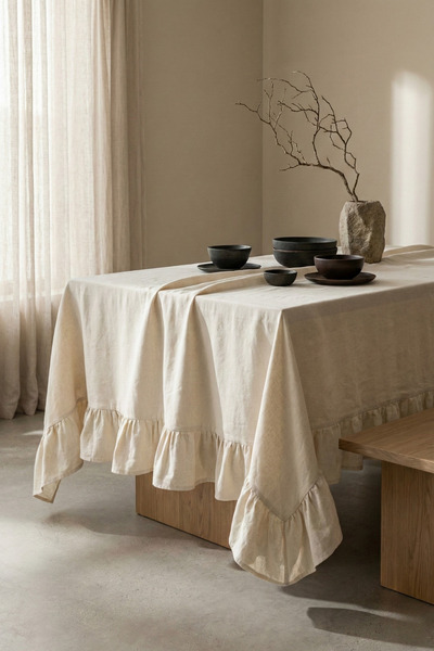 Morlay رومانسية |   مفرش طاولة مكشكش - ديكور عتيق بلون واحد - مربع، دائري ومس...