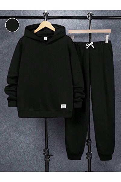 Kids Kalın Kışlık Çocuk Siyah Havalı Sweat Takım kapşonlu alt üst siyah takım