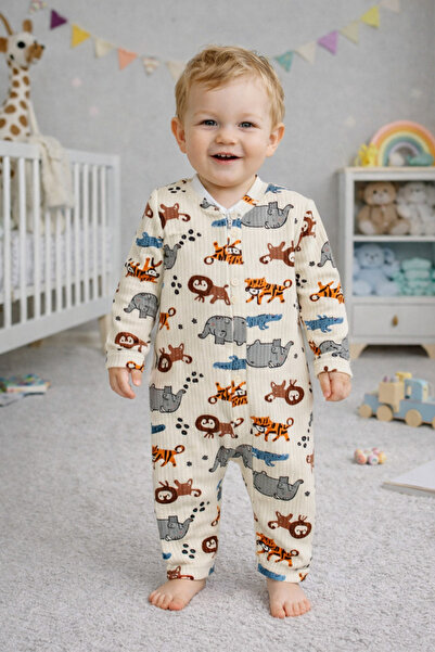 DaphKids Safari Patterned Snap-On Baby Romper - Cream